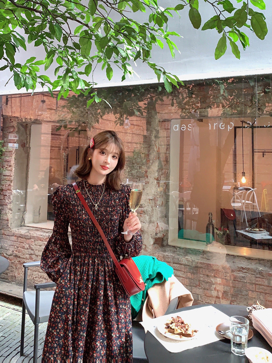 【dress】フランス風長袖花柄シフォンワンピースG24562