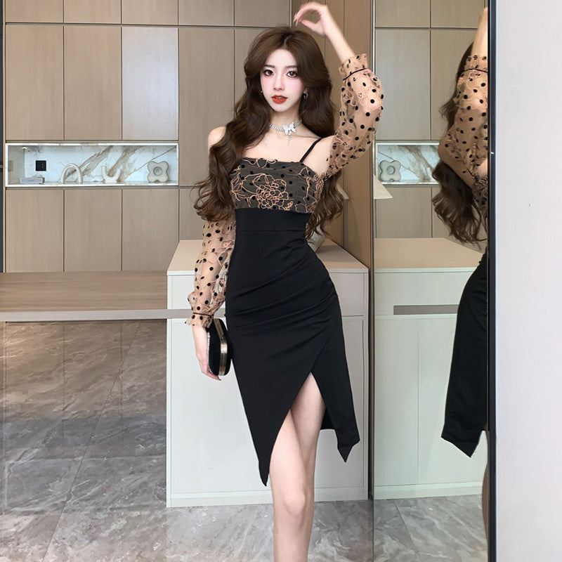 【dress】ドット柄長袖デートキャミワンピースG22715