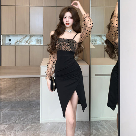 【dress】ドット柄長袖デートキャミワンピースG22715