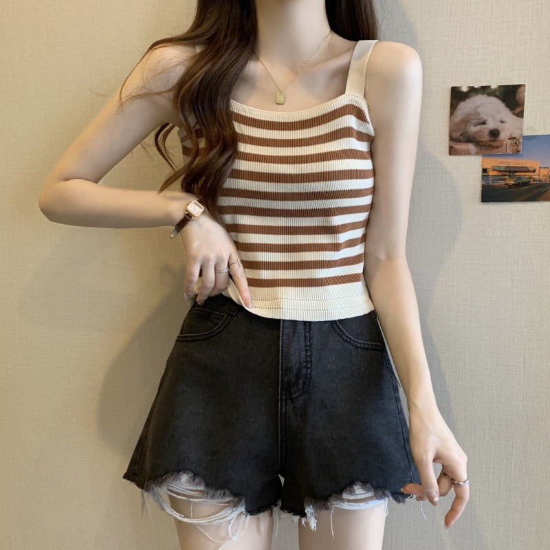 【tops】ボーダー柄ニットキャミソールF7587