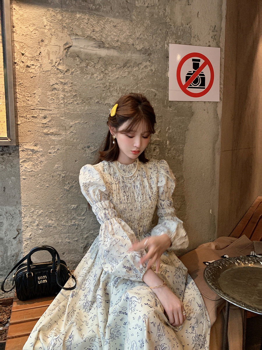 【dress】フランス風長袖花柄シフォンワンピースG24562