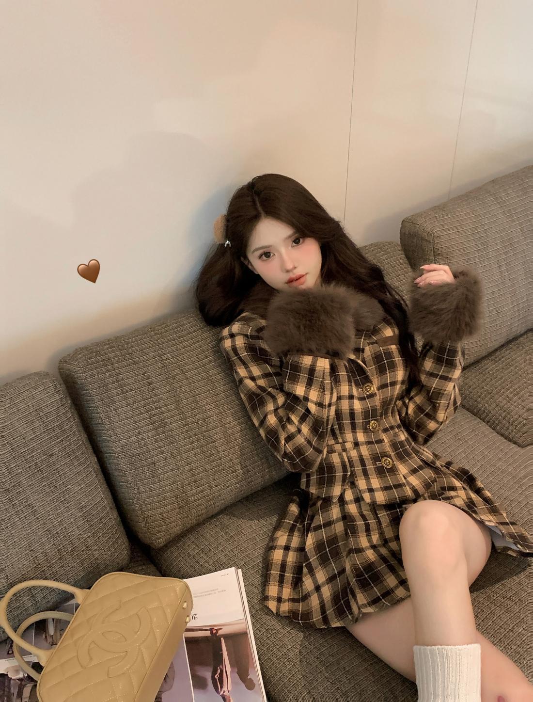 【set】ファーコート+キュロットスカート２点セットF8282