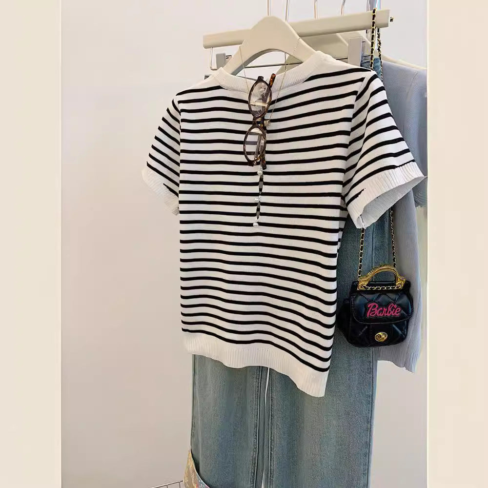【tops】ラウンドネックストライプ柄TシャツG21939