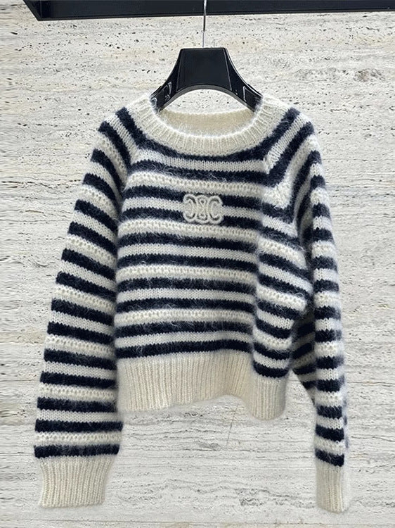 【tops】長袖ボーダー柄ニットセーターF8301