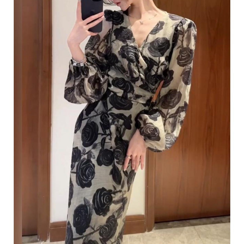 【dress】フランス風プリントVネックデートワンピースG23637