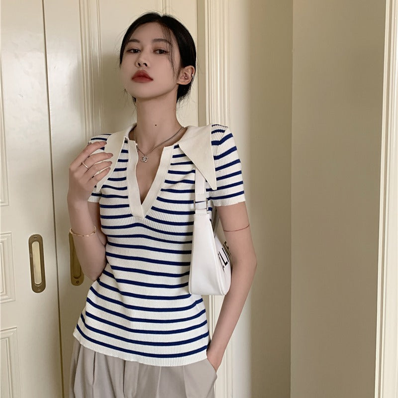 【tops】ストライプ柄ニットTシャツG22058