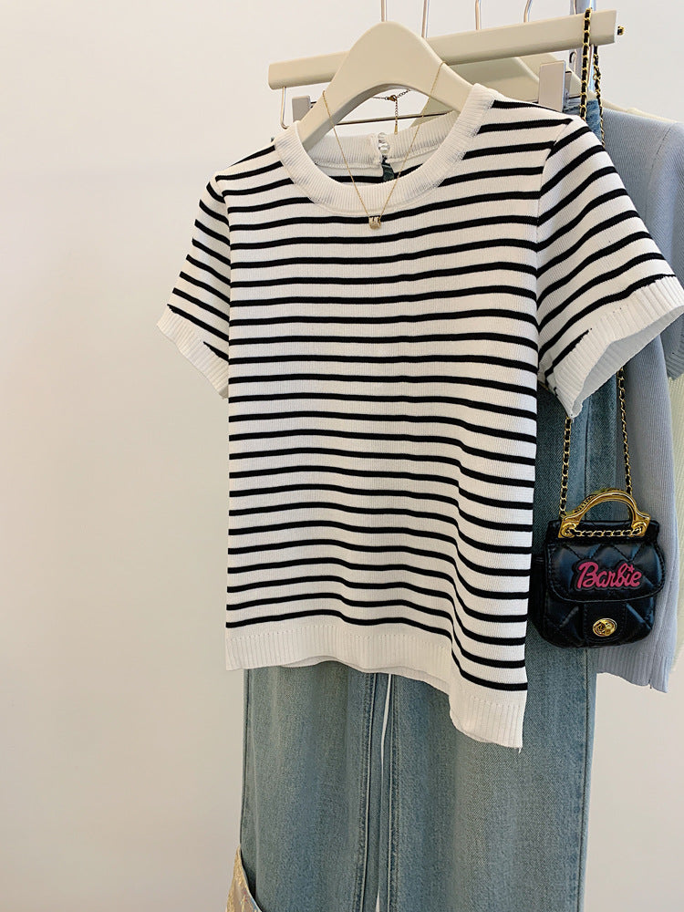 【tops】ラウンドネックストライプ柄TシャツG21939