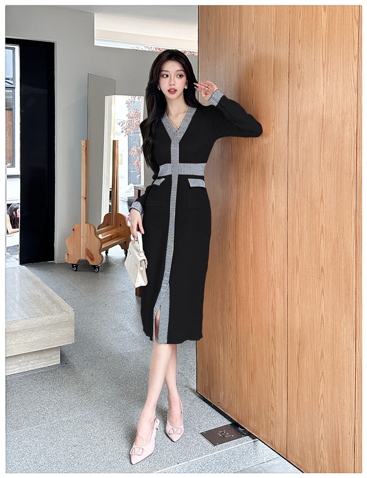 【dress】Vネック長袖ニットワンピースG23292