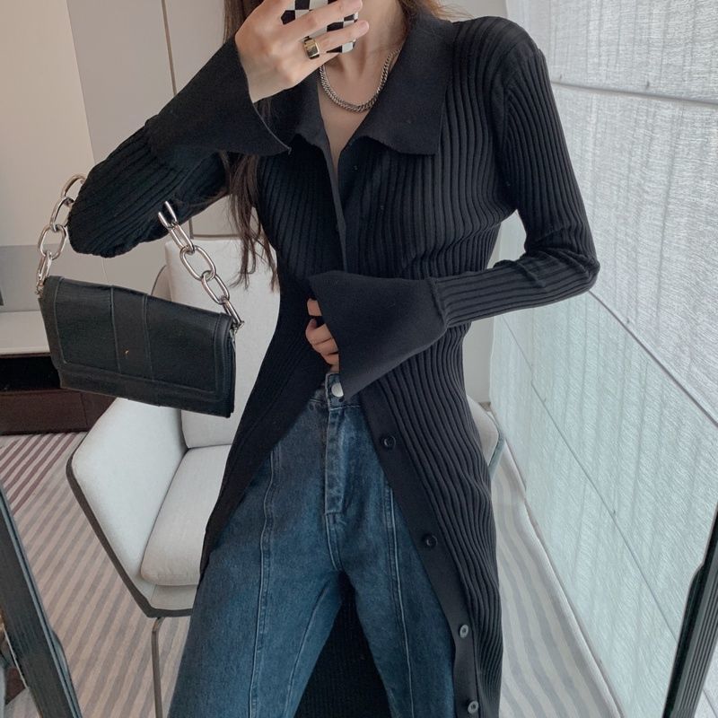 【dress】POLOネック長袖ニットワンピースF8392