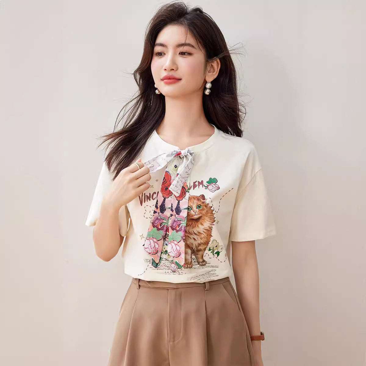 【tops】ラウンドネックプリントTシャツG21958