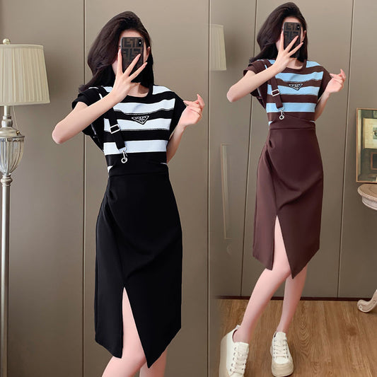 【dress】ストライプ柄切り替えスリットデートワンピースG21720