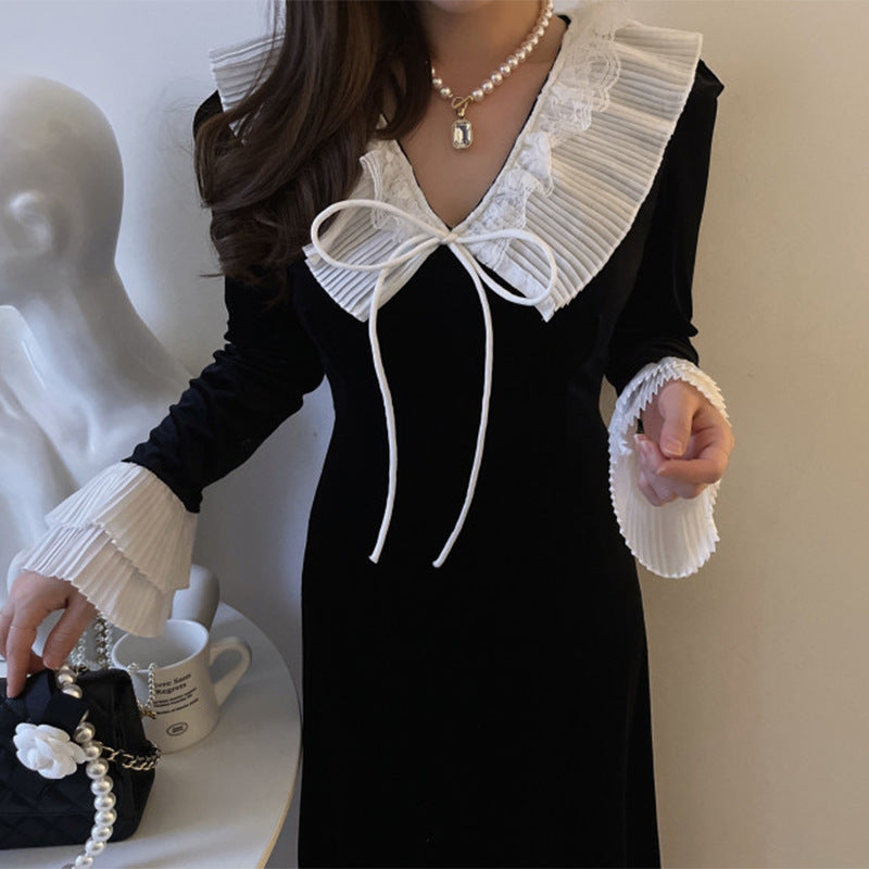 【dress】折り襟ギャザー長袖ワンピースG23870