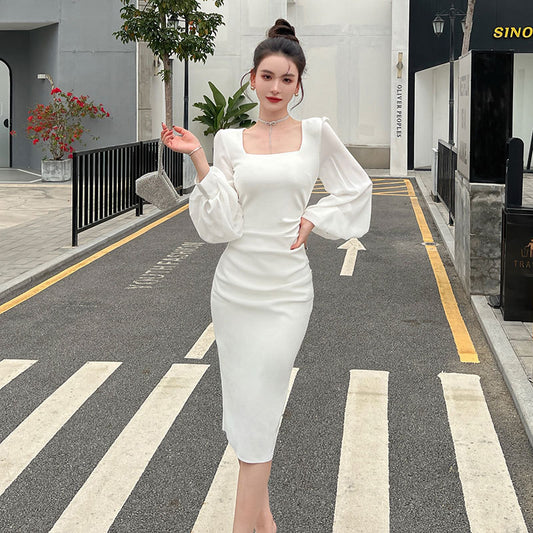 【dress】2色長袖パフ袖OL通勤ワンピースF8035