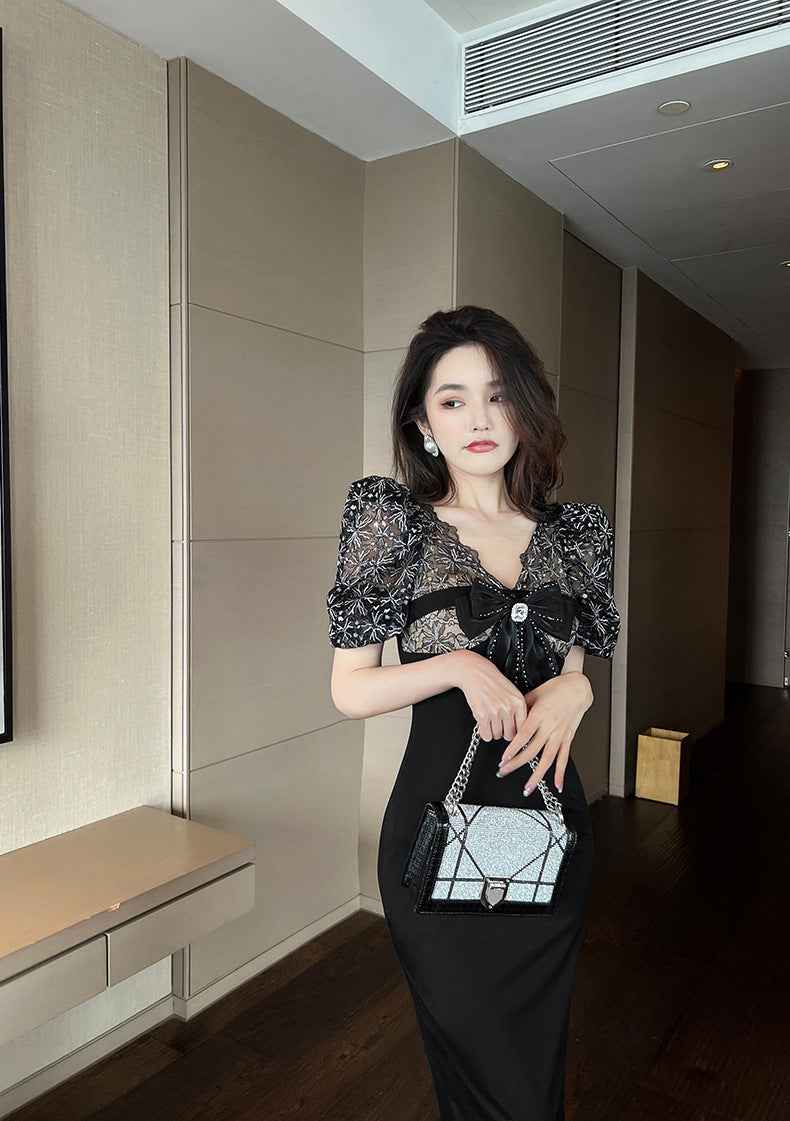 【dress】リボンレース切り替えタイトワンピースG21683