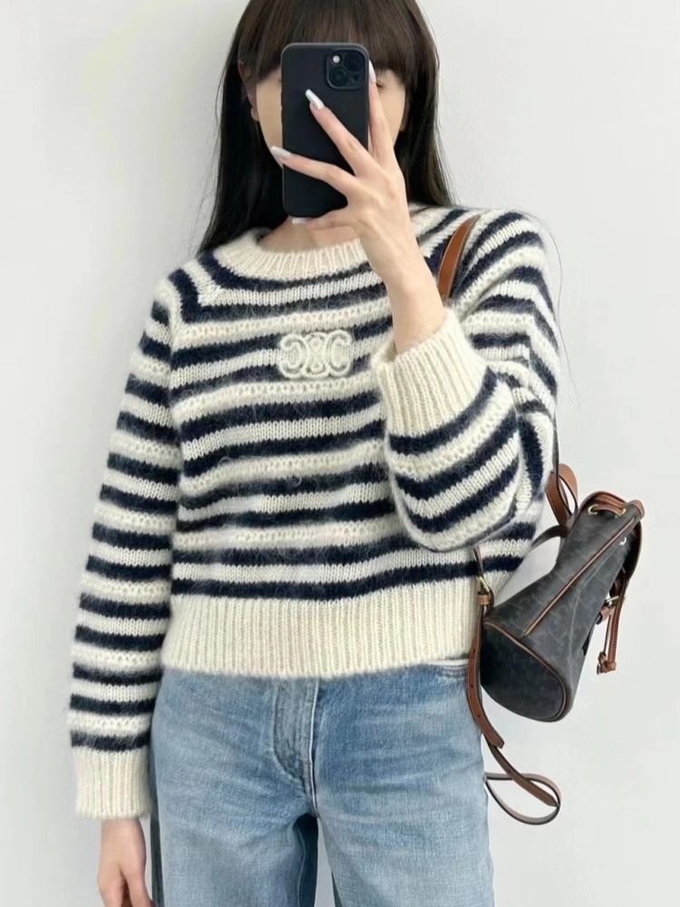 【tops】長袖ボーダー柄ニットセーターF8301