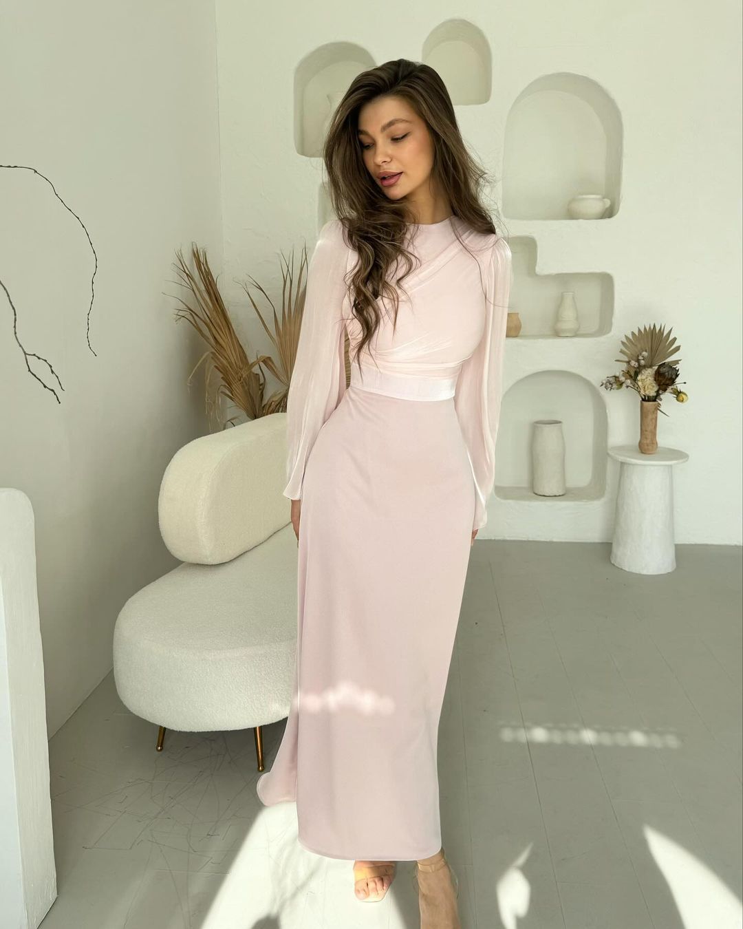 【dress】長袖ウェスト絞りロング丈ワンピースF8003