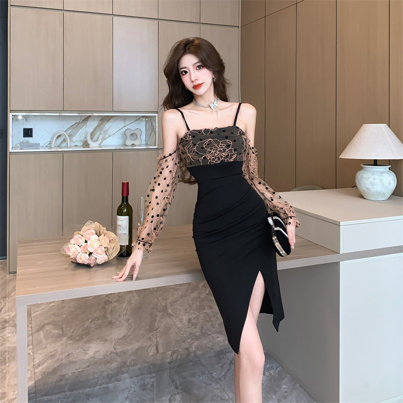 【dress】ドット柄長袖デートキャミワンピースG22715