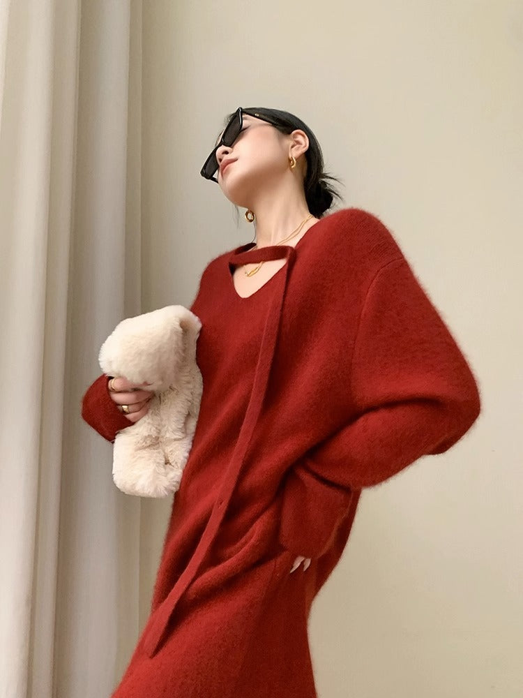 【dress】長袖ゆったりニットワンピースF8313