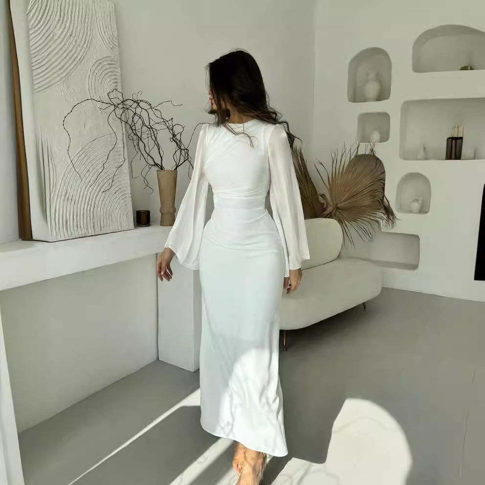 【dress】長袖ウェスト絞りロング丈ワンピースF8003