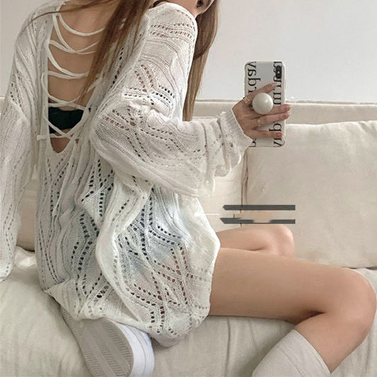 【tops】2色長袖透かし彫りニットセーターF8052