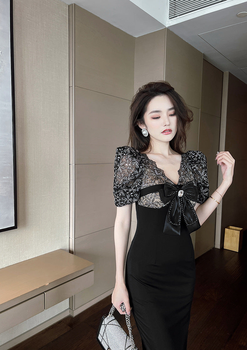 【dress】リボンレース切り替えタイトワンピースG21683