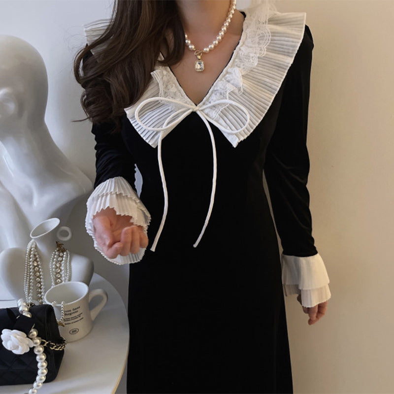 【dress】折り襟ギャザー長袖ワンピースG23870