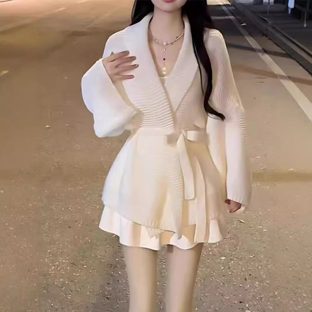 【outer】ウエストリボン長袖ニットカーディガンF8349