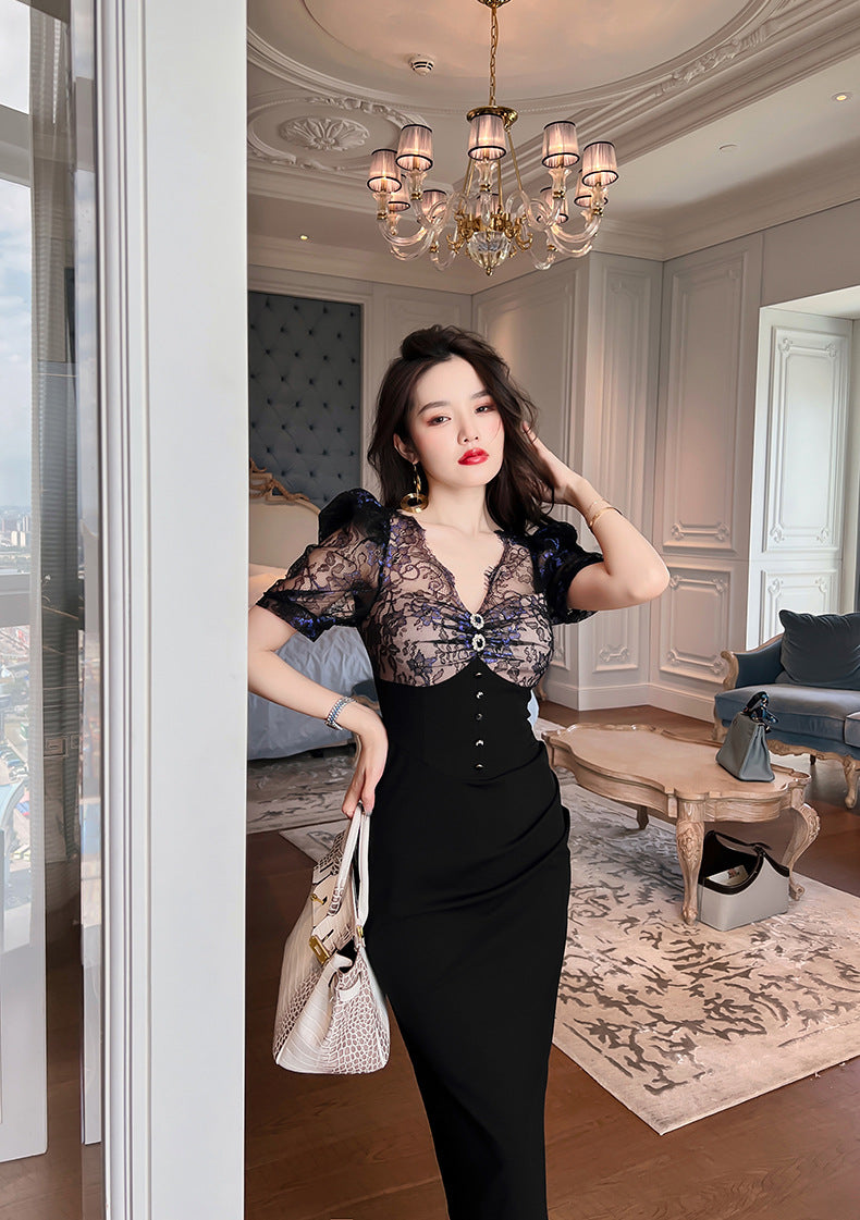 【dress】パフスリーブレース切り替えワンピースG21678