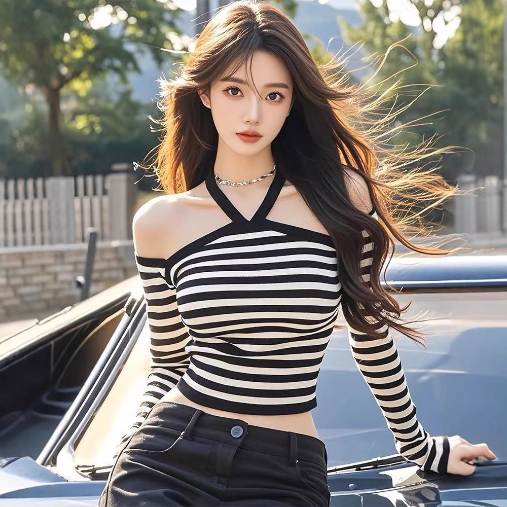 【tops】ストライプ柄長袖秋冬TシャツG24608