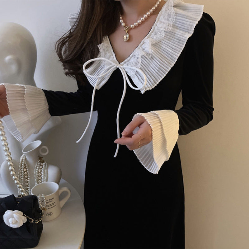 【dress】折り襟ギャザー長袖ワンピースG23870