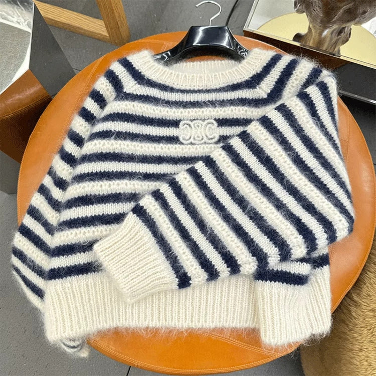 【tops】長袖ボーダー柄ニットセーターF8301