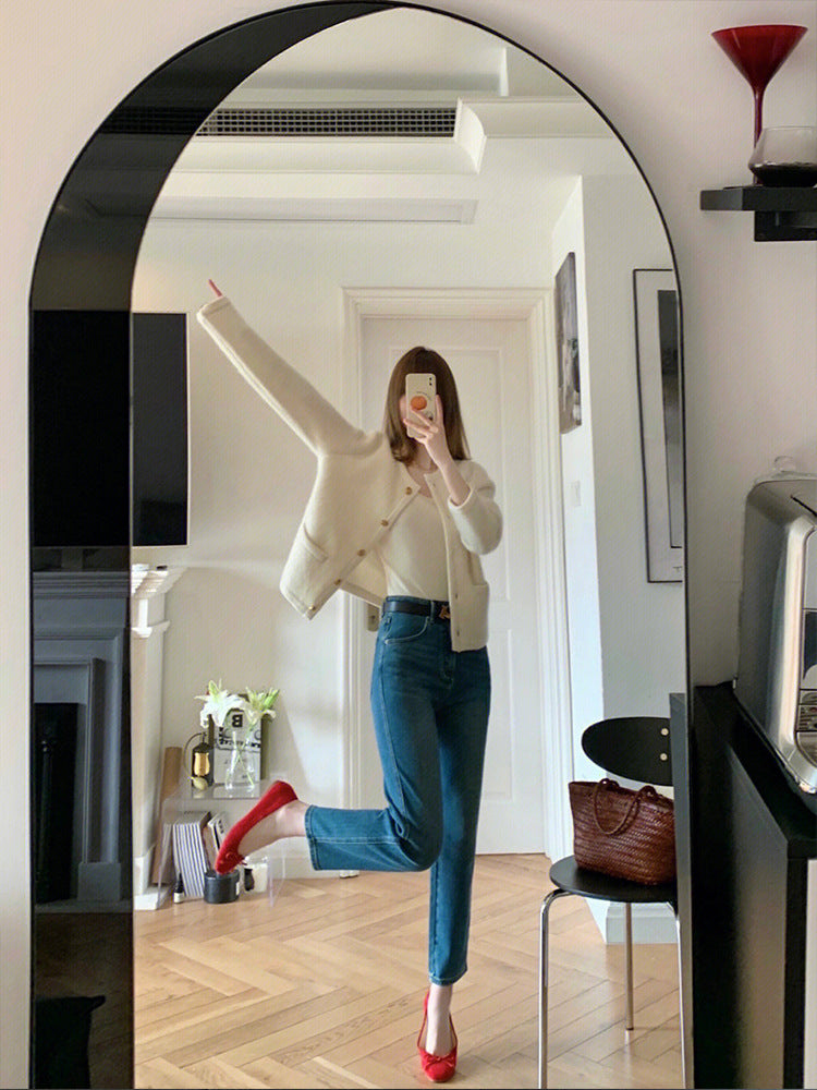 【outer】ラウンドネック長袖ニットカーディガンF8352