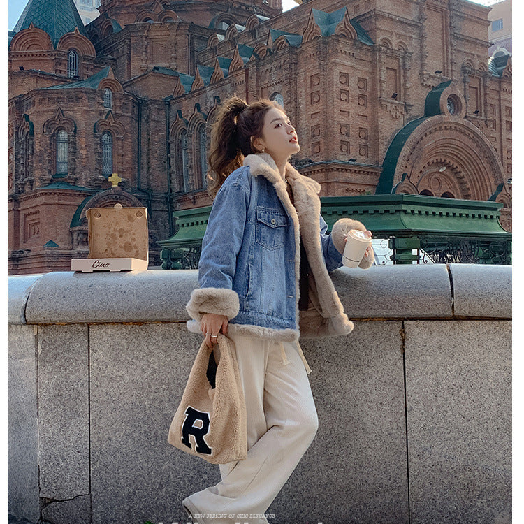 【outer】折り襟長袖裏起毛デニムコートF8289