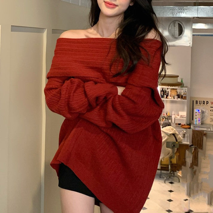 【tops】3色オフネック長袖ニットセーターF8051