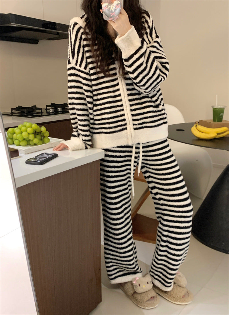 【ホーム・生活】秋冬厚手裏起毛ストライプ柄上下セットルームウェアパジャマG24581