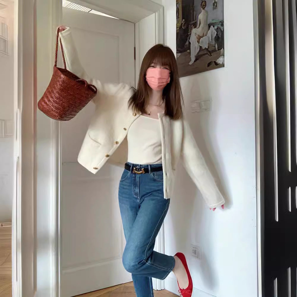 【outer】ラウンドネック長袖ニットカーディガンF8352