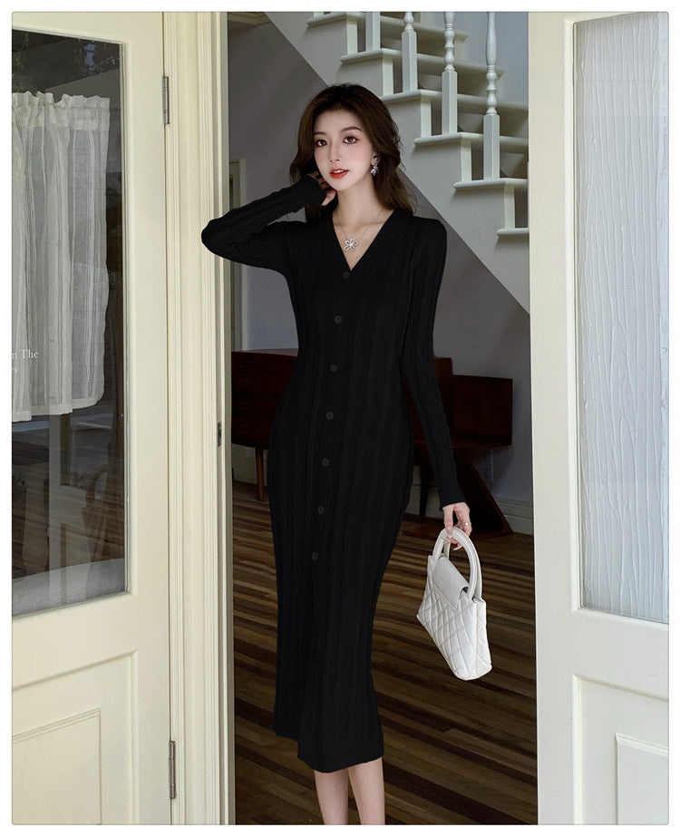 【dress】フランス風VネックニットワンピースG22956