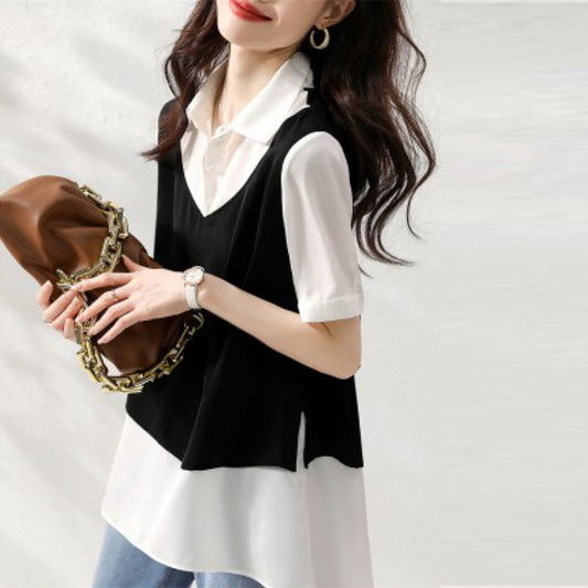 【tops】偽二つ切り替えシフォンブラウスG21930