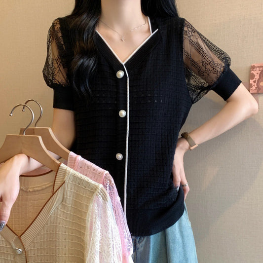 【tops】シフォン切り替えニットTシャツG21948
