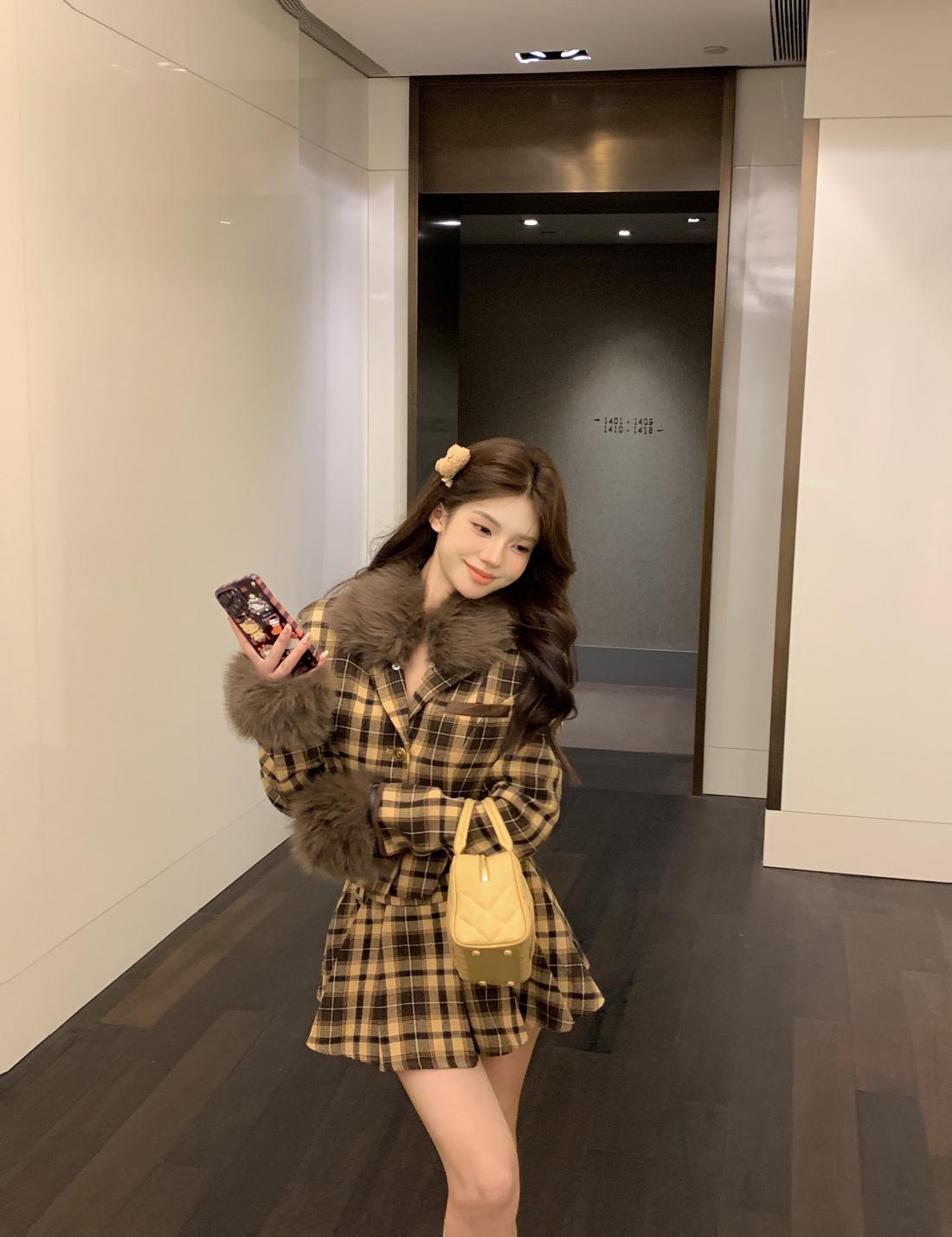 【set】ファーコート+キュロットスカート２点セットF8282