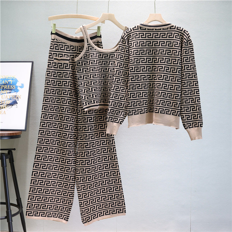 【set】長袖カーディガン＋タンクトップ+ガウチョパンツニット3点セットF7954