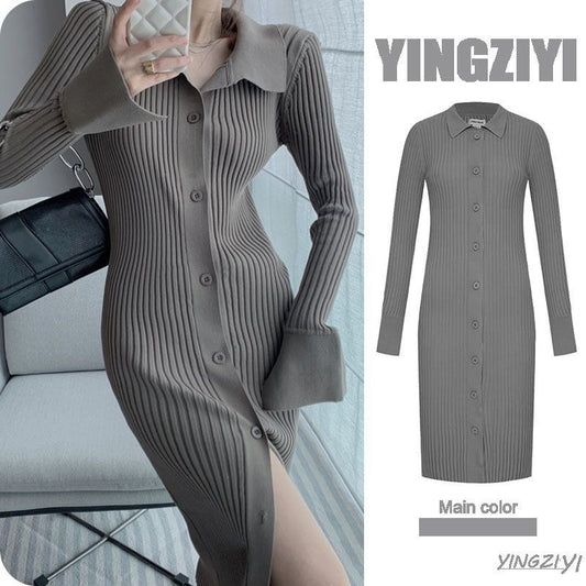 【dress】POLOネック長袖ニットワンピースF8392