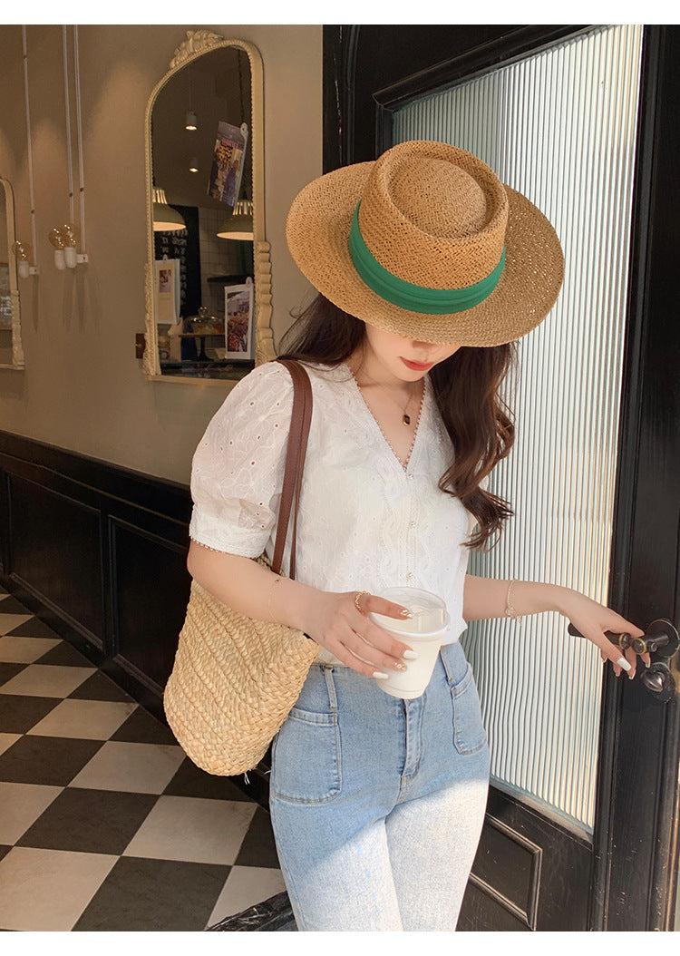 【tops】VネックレースパフスリーブブラウスG21932