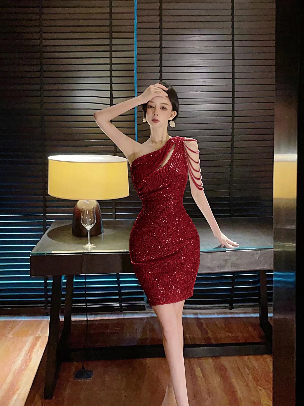 【dress】オブリークネックスパンコールデートワンピースG21701