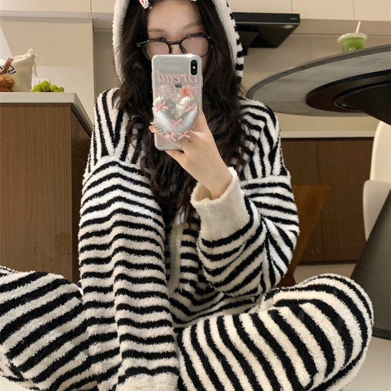 【ホーム・生活】秋冬厚手裏起毛ストライプ柄上下セットルームウェアパジャマG24581