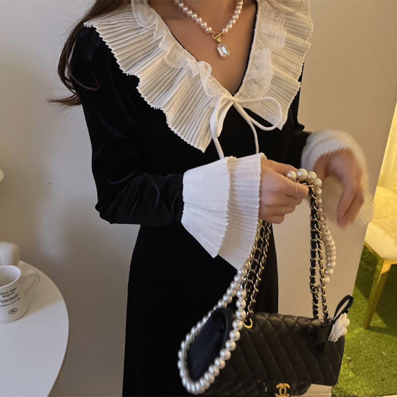 【dress】折り襟ギャザー長袖ワンピースG23870