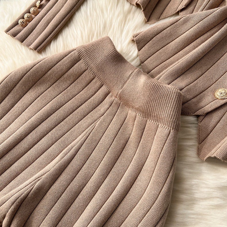 【set】ニットカーディガン+ベスト+ガウチョパンツ3点セットF6989