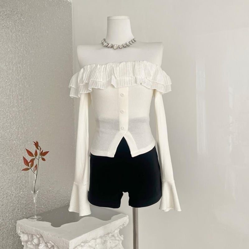【tops】オフショルダーチュールドッキングニットトップス Q7626