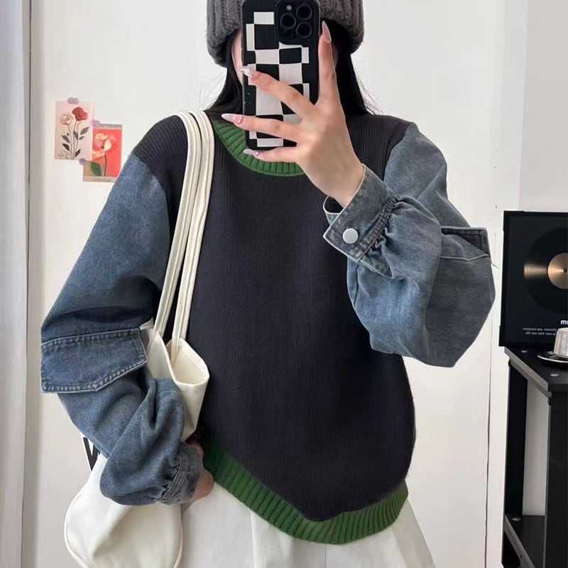 【tops】デニム袖ドッキングセーター Q6372