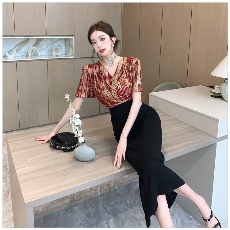 【dress】Vネック切り替えスリットワンピース G21104